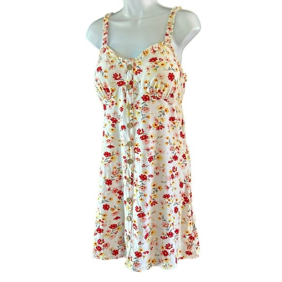 No Boundaries Cream Red Floral Button Front Dress Size 15/17 Y2K 1990s Style - Picture 3 of 5